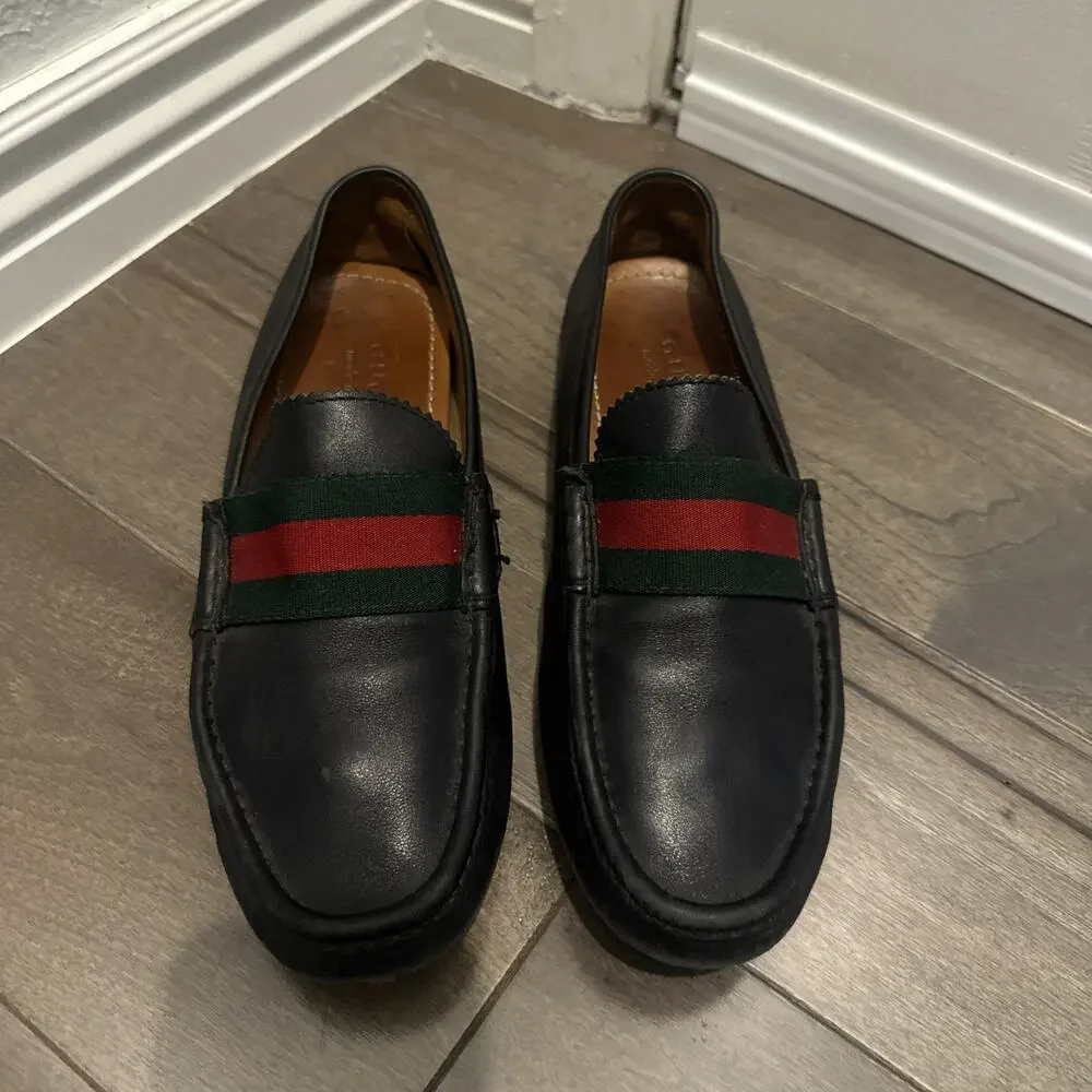 Authentic GUCCI Web Design Black Loafers 123506 GG sz 6.5 (fits USA 7.5)